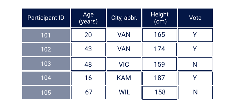 Sample data recording information about participants' age, height, city of residence, etc.